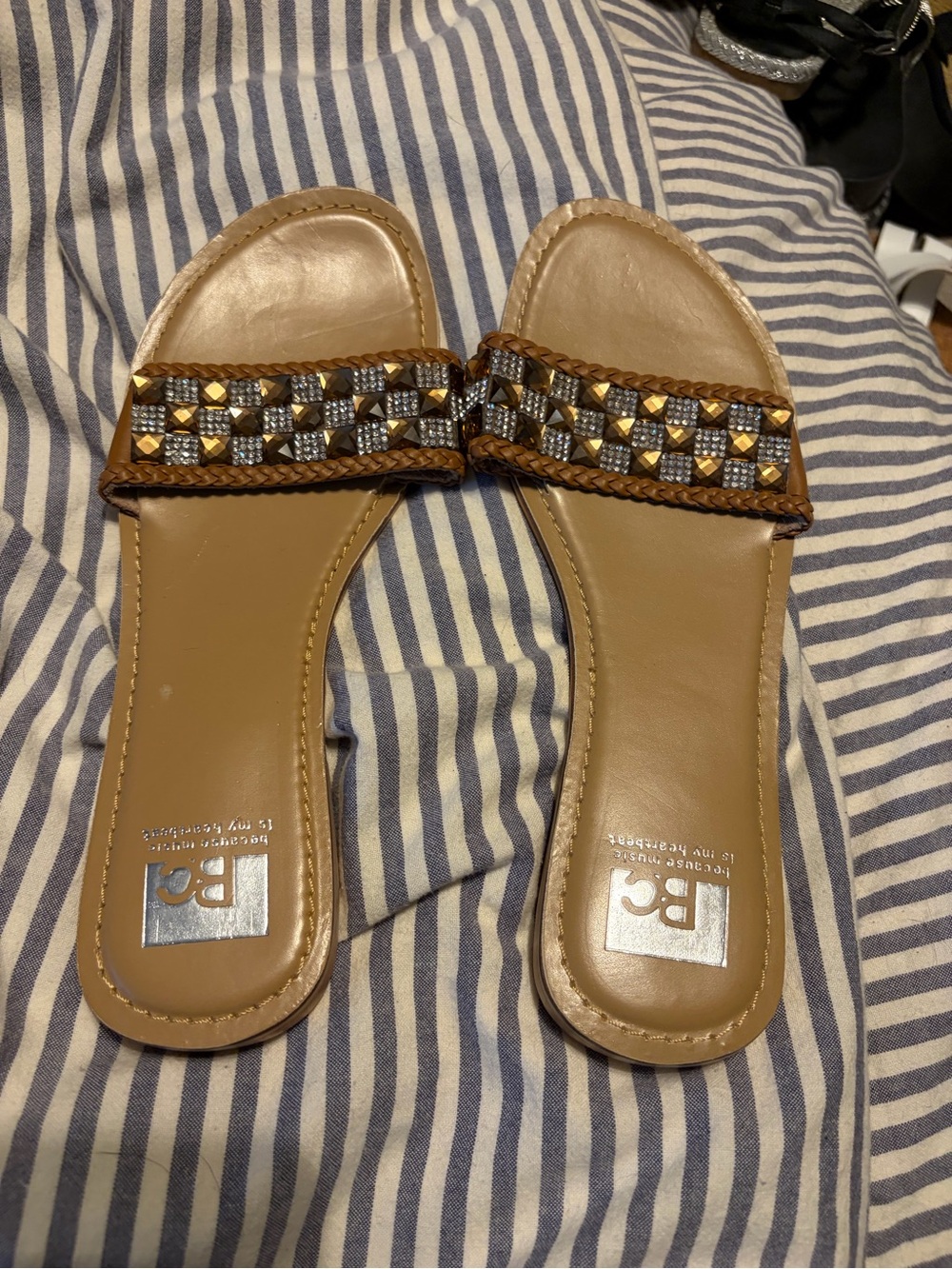 Tan Braided Slide Sandals with Metallic Stud Detail